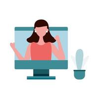 young woman on video call in desktop computer vector