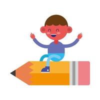 niño pequeño estudiante montando un lápiz grande vector