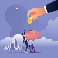 Big hand putting coin into a piggy bank, Incoming and Saving money concept vector