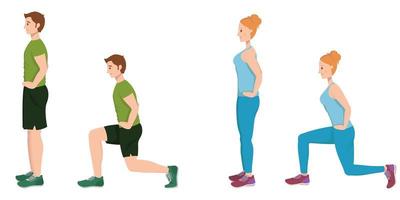 Man and woman doing forward lunges. vector