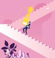 Businessman holding the gold trophy climbing stairs to success vector