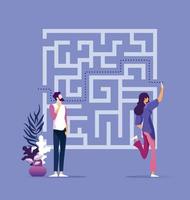 Business solution concept with business woman finding way through maze vector