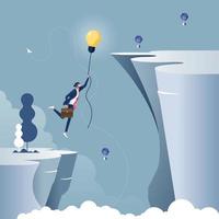 Business creativity concept with businessman flying with lightbulb balloon