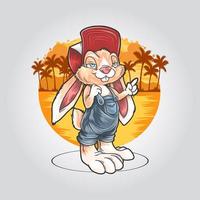 rabbit in summer with hat and coconut tree at beach artwork vector