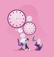 Tired businessman sleeping on a table with clock in the background vector