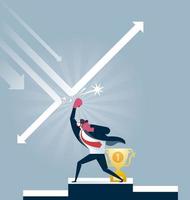 Businessman in boxing gloves punching arrows to protect trophy - Business concept vector