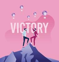 Two business man with success gesture standing on the top of mountain vector