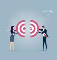 Two business people push pieces of target together vector