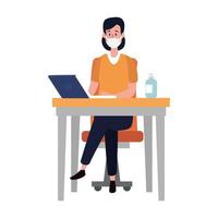 young woman using face mask in workplace vector