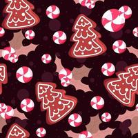 Seamless pattern illustration with mistletoe and leaves, cookies and candies vector