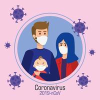 parents with baby using face mask and particles covid 19 vector