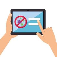 hands using campaign of stop covid 19 in tablet device vector