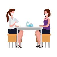 women using face mask meeting in wooden table vector