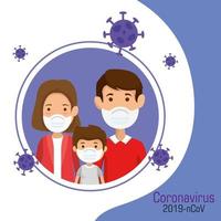 parents with son using face mask and particles 2019 ncov vector