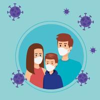 parents with son using face mask and particles covid 19 vector