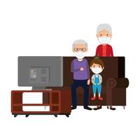 abuelos con nieta con mascarilla viendo la televisión vector