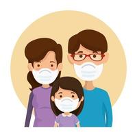 parents with daughter using face mask in frame circular vector