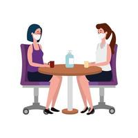 women using face mask meeting in wooden table vector