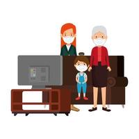 cute family members using face mask watching tv vector