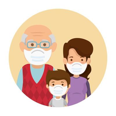 mother with grandfather and son using face mask in frame circular