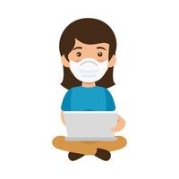 woman using face mask with laptop computer vector