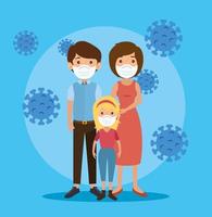 parents with daughter using face mask and particles covid 19 vector