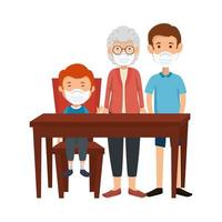 cute family members using face mask in wooden table vector