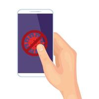hand using campaign of stop covid 19 in smartphone vector