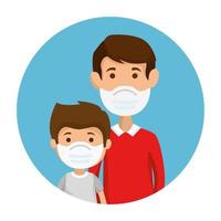 father with son using face mask in frame circular vector