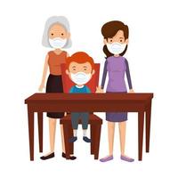 Madre con abuela e hijo con mascarilla en mesa de madera vector
