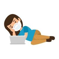 woman using face mask with laptop computer vector