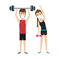 couple using face mask practicing exercise vector