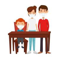 parents with son using face mask in the wooden table vector