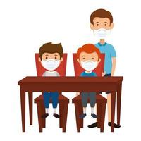 father with sons using face mask in wooden table vector