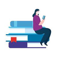 woman studying online sitting in pile books vector