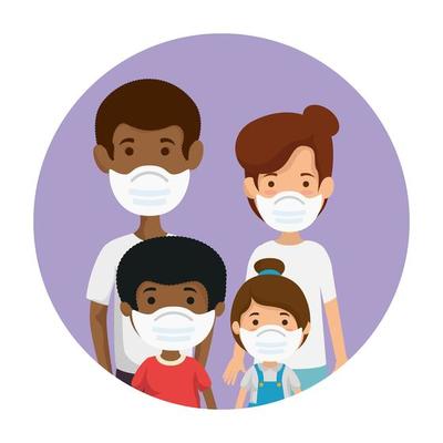 parents with children using face mask in frame circular