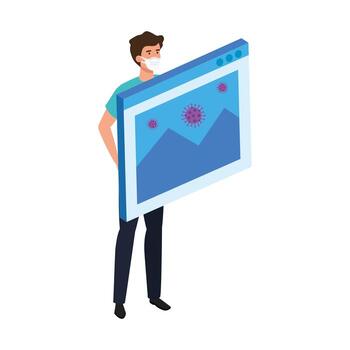 hombre usando mascarilla y página web con información covid 19 vector