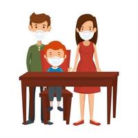 parents with son using face mask in the wooden table vector