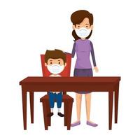 mother with son using face mask in wooden table vector