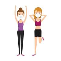 women using face mask practicing exercise vector