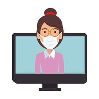 woman using face mask in laptop computer vector