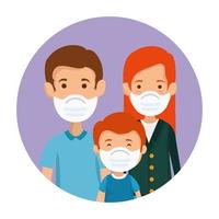 padres con hijo usando mascarilla en marco circular vector