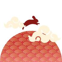 mid autumn festival with waves in circular frame and rabbit vector