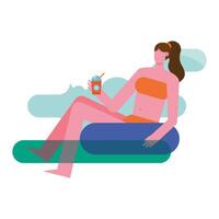 young woman wearing swimsuit relaxing on a float vector