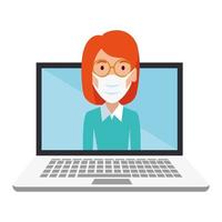 woman using face mask in laptop computer vector