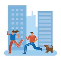 young couple running with dog vector