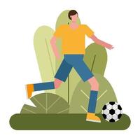 young man playing soccer in park vector