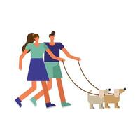 young couple walking with dog vector