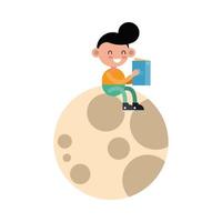 niño pequeño estudiante leyendo un libro en la luna vector