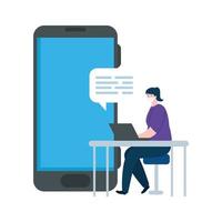woman using face mask with laptop and smartphone vector